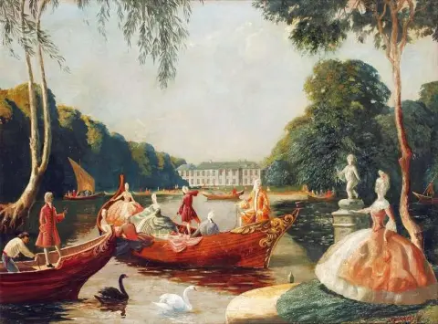 Figuras barrocas en un lago con botes