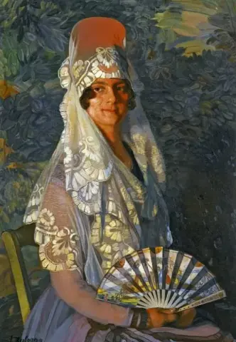 Dam Med Mantilla Och Fläkt