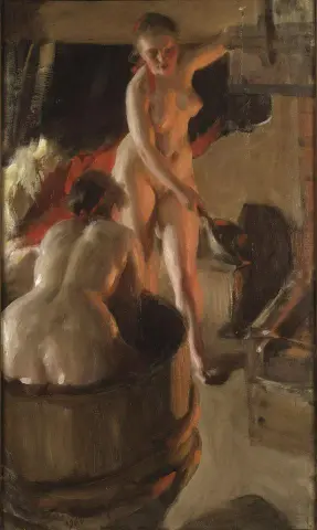 Meisjes uit Dalarna die een bad nemen Badande Kullor - 1906