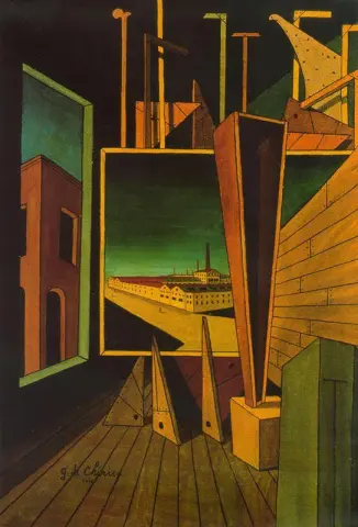 Composición geométrica con paisaje de fábrica.