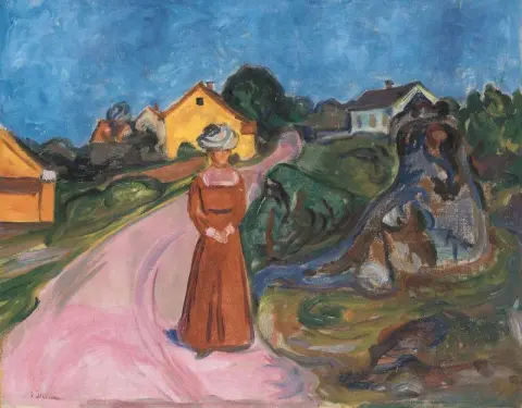 Woman In Red Dress - Street In Aasgaardstrand