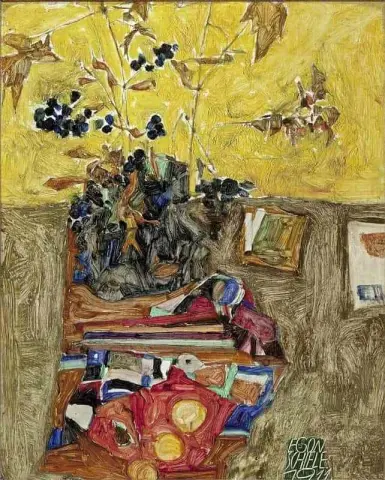 花と色布のある静物画、1911 年