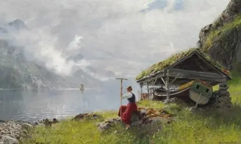 "Norwegian Landscape with a Young Woman Overlooking the Fjord -1890"