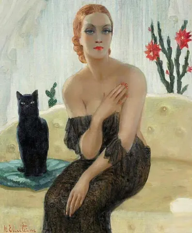 一位优雅女士与黑猫的肖像