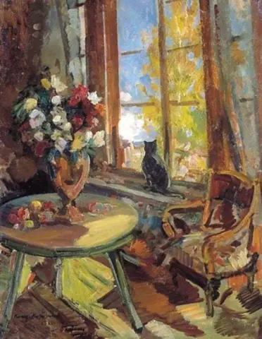 Svart katt på en vinduskarm 1902