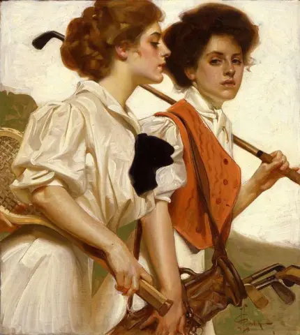 골프 클럽과 테니스 라켓을 들고 있는 깁슨 걸스, 1920년경
