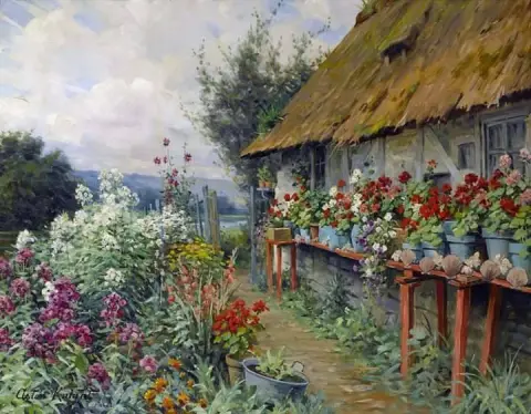 Chalet trädgård i blom