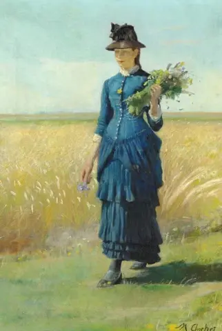 "Nuori tyttö sinisessä mekossa pellolla ja pitelee villikukkia kädessään - 1884"