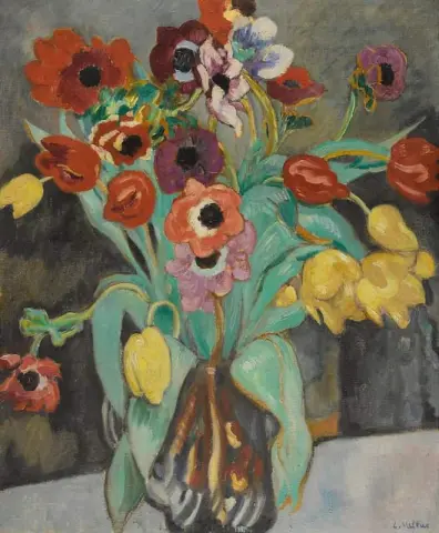 Anemoner og tulipaner i en blå vase ca. 1912
