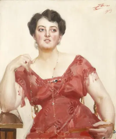 Elegante signora in abito di seta rosso crema lucido - Mrs. Dagny Pineus